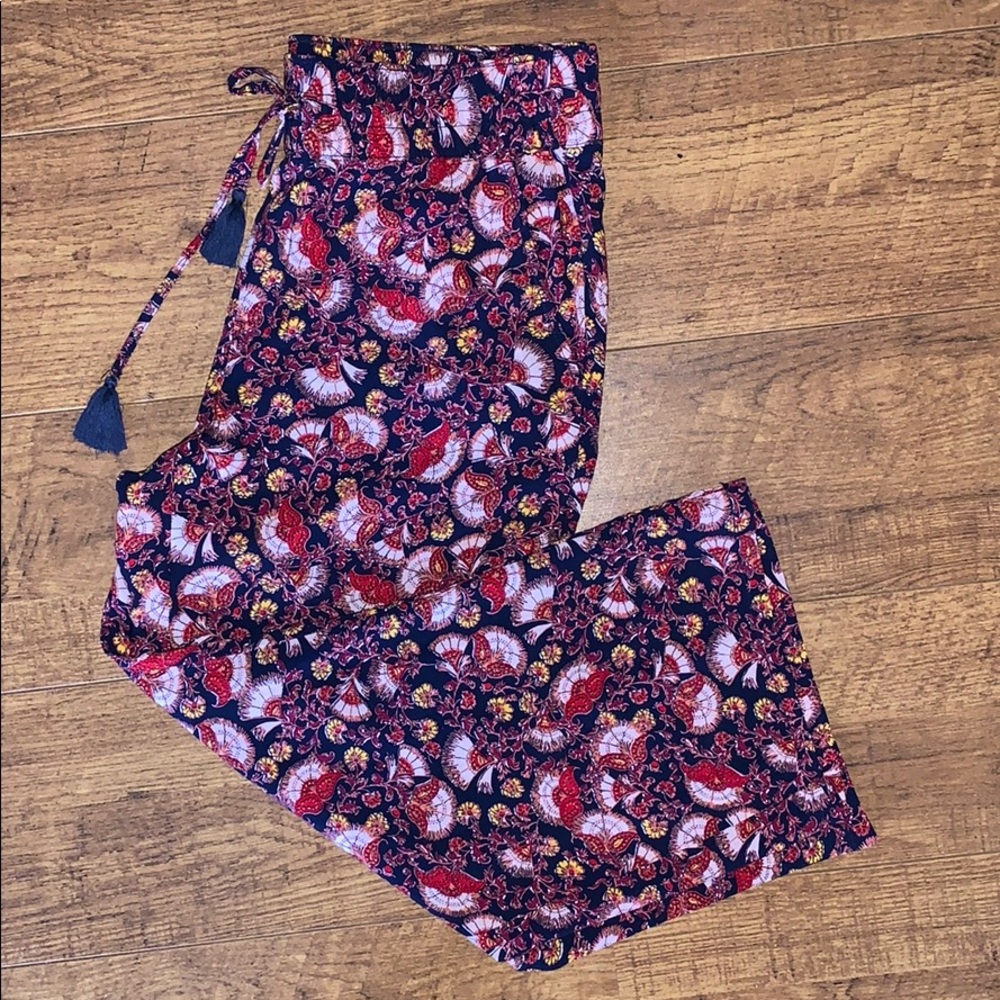 liz Claiborne cropped high rise floral wide leg pants elastic drawstring